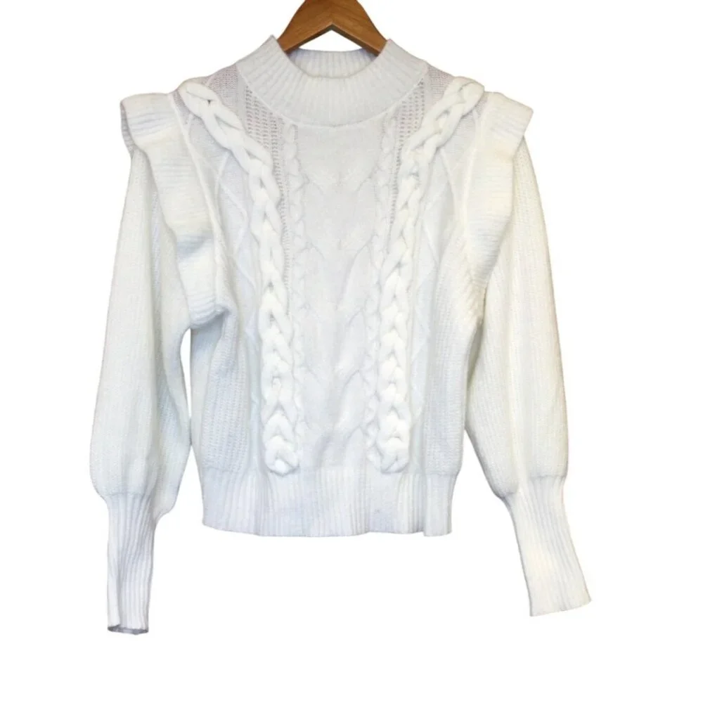 Line & Dot Womens White Cable Knit Sweater With Ruffles Soft Girl Coquette